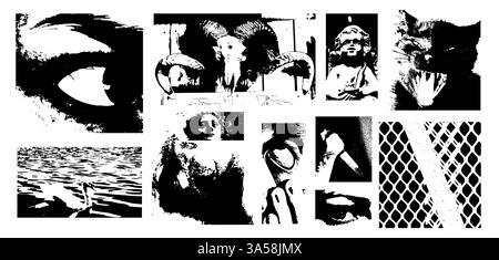 Satz von y2k-Schleifelementen. Augen und Mund und Formen in Körnerfotokopiertextur. Brutaler und brutaler Punk-Halbton. Vektor-Paket mit Vintage-Grafik Stock Vektor