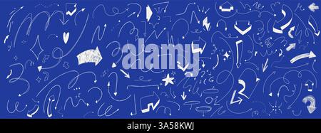 Satz handgezeichneter Kritzelpfeile. Schnörkelige Linienstriche. Kugelschreiberelemente. Infografik-Dekorationsset. Sammlung von Vektorkreideführungen. Weiß bei Stock Vektor