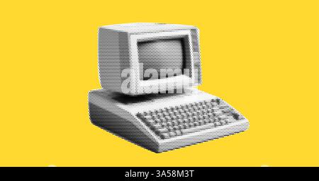 Alter Retro-Computer mit Tastatur und Monitor für Schreibgeräte. Collageelement im Halbtoneffekt. Pop-Art-Illustration auf hellgelbem Hintergrund. Vektor Stock Vektor