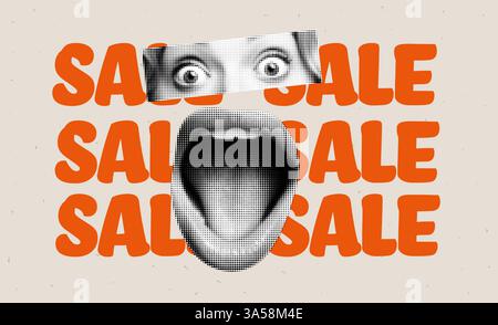 Trendige Pop-Art-Collage mit Rastereffekt mit schreiendem Mund und Augen. Auffälliges Marketing-Poster für den Verkauf. Stock Vektor