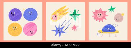 Fantasievolle Einladung mit farbenfrohen Raumelementen. IG Post- oder Geschenkkarten-Set. Trendige Grafikvorlage. Vektor-Contremporary Illustrationen mit Stock Vektor