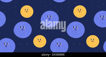 Nahtlose Textur in Cartoon. Dunkler nächtlicher blauer Hintergrund. Kritzele gute Ellings mit lustigen Gesichtern. Kindliches Muster für Kinder. Stock Vektor