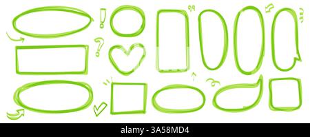 Gruppe von grünen Markierungen. Stift-Markierung und Pinselstrich in Form von Ellipse und Herz- und Sprechblase. Unterstrichene Elemente des Vektors. Stock Vektor