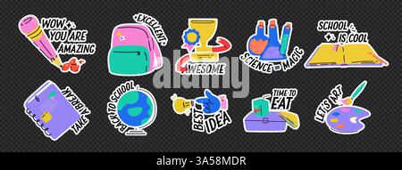 Ein Satz moderner Aufkleber mit dem Motto „Back-to-School“. Motivationssätze für das Tagebuch. Helle, moderne Illustration. Paket trendiger Vektoren, PNG Stock Vektor