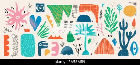 Extrahieren Sie Kritzelformen. Grafische Elemente mit modischen Texturen. Kit geometrische und organische Illustrationen für Collage. Handgezeichnete und ausgeschnittene Formen Stock Vektor