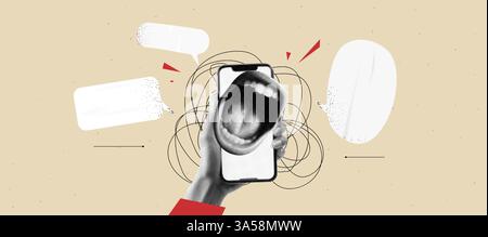 Collage Art. Die Hand hält den Bildschirm des Telefons mit dem Mund schreiender Frauen. Verrücktes Verkaufskonzept mit Schriftzug und Sprechblase im Hintergrund. Beige und Stock Vektor