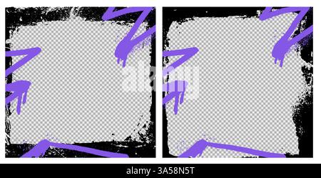 Lila Spraygraffiti-Rahmen mit Pinselrand und Vektorfarbe. Raue Kontur, abstraktes Retro-Design mit alter schwarzer Tinte und Muster, strukturiert Stock Vektor