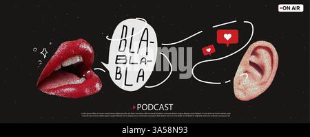 Banner für Podcast-Themen. Offener Mund mit rotem Lippenstift sagt Speech Bubble und eine Linie führt dies in das Ohr eines Follower, aus dem ähnliche kommen Stock Vektor