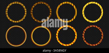 Ein Satz runder Rahmen für den Avatar des Benutzers. Lava- und Feuer- und Goldeffekt. Auf transparentem Hintergrund als PNG Stock Vektor
