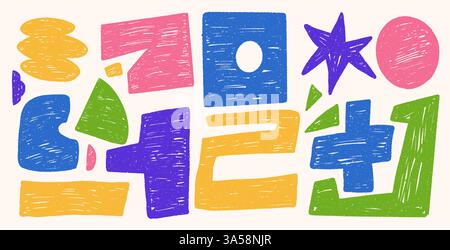 Satz von Formen. Abstraktes y2k-Element. Flippige Doodle-Textur an den grafischen Figuren. Pop-Art-memphis-Aufkleber. Moderne Sterne- und ovale Formen. Geometik Stock Vektor