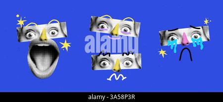 Collage-Designs. Mit Halfone-Gesichtern im abstrakten Popart-Stil. Mit Cartoon-Augen und Lippen-Kritzeleien. Variationen verschiedener Emotionen. Vektor Stock Vektor