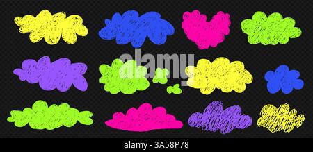 Einfaches Set mit leuchtenden Wolken. Niedliche Kollektion mit Kawaii-Elementen auf transparentem BG wie ein Paket. Vektornaive Kunstillustration. Stock Vektor