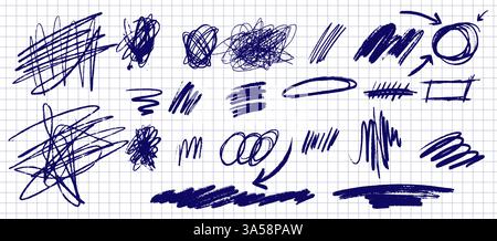 Vektorsatz mit handgezeichnetem Bleistift und Markierungskritzeln. Unordentliche Linien, Pfeile und Formen mit Buntstift-Texturen. Striche, wirbelnde Elemente, Pfeile. Stock Vektor