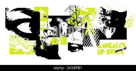 Banner für y2k-Grunge-Elemente. Augen und Mund und Formen in Körnerfotokopiertextur. Brutaler und brutaler Punk-Halbton. Vektorpackung mit Vintage Stock Vektor