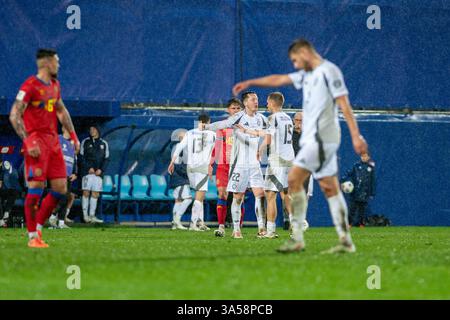Andorra La Vella, Andorra: 21. März 2025: Letonia Spieler nach dem Qualifikationsspiel der FIFA Fussball-Weltmeisterschaft 2026 zwischen Andorra und Lettland in der es Stockfoto