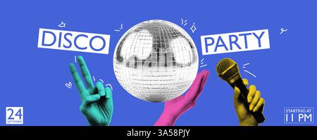 Disco-Party aus den 80er Jahren. Bannerdesign im Collage-Stil mit Elementen im Halbtoneffekt. Und Schriftzüge mit Glitzer. Trendige Vektor-Illustration. Stock Vektor