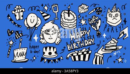 Set mit Happy Birthday Kritzeleien. Partykuchen. Ellements Sammlung und Hintergrund. Schreibe trendige Skizzen mit gezackter Textur. Schwarz-weiß-Vektor Stock Vektor