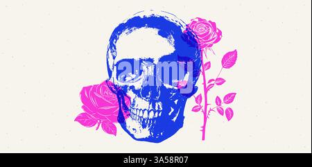 Vektordruck von Vintage-Totenkopf und Rose. Isoliertes Blau- und Rosa-Design mit Grunge-Textur, gruseliger Skelettkopf und floralen Elementen. Stock Vektor