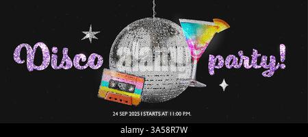 Disco-Party aus den 80er Jahren. Bannerdesign im Collage-Stil mit Punkteffekten. Und Schriftzüge mit Glitzer. Trendige Vektor-Illustration Stock Vektor