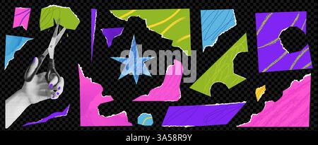 Set aus Papierausschnitt formt Element mit Collage Hand mit der Hand, die die Schere hält. Stern und Rahmenkante. Posteraufkleber. Vektorkit. Kräftige Farben Stock Vektor