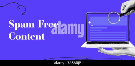 Spam-freies Content-Banner mit Laptop, Hand und Vergrößerungsglas. Retro Art Design für soziale Medien und Entwicklung. Stock Vektor
