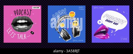 Ein Set Cover für einen Podcast mit trendigen Rasterfarben-Collagen. Quadratische Banner für Musikkanäle. Helle und fettgedruckte Vektorabbildungen. Stock Vektor