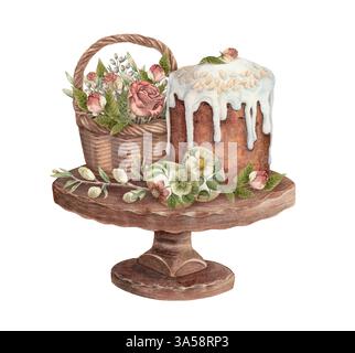 Osterarrangement mit Rosenkorb auf dem Kuchenständer. Aquarellillustration im Vintage-Stil. Festliche Bäckerei mit Blumen. Handgezeichnet Stockfoto