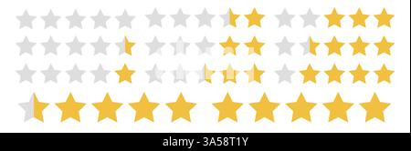 Vektorsternsymbole mit Bewertungsbalken zur Überprüfung und Bewertung. Flache gelbe Symbole für Rang, Stimme und Feedback. Isolierte Designvorlage für App Stock Vektor