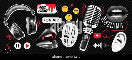 Ein Grunge-Set Collage-Elemente zum Thema eines echten Kriminalpodcasts. Sprechblase, Ohr und Lippen. Trendige Illustration mit Likes auf Transparent Stock Vektor