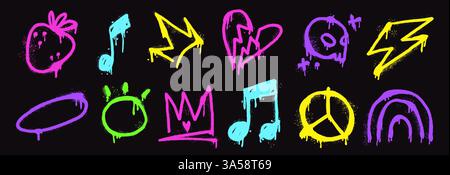 . Vektor-Kunstset mit farbenfrohen Spraygraffiti. Cooles urbanes Design mit Blitz, Herzen und flippiger Typografie. Isoliertes abstraktes Kunstwerk für A Stock Vektor