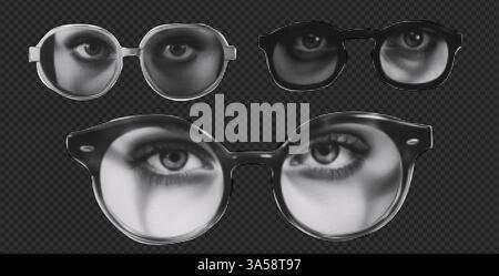 Set mit trendigen Elementen. Damen- und Herrenaugen in Halbtonbrille. Vektorillustration im Retro-Stil für Collage Stock Vektor