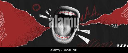 Banner mit offenem Schrei-Mund. Pop Art und Punk Hintergrund. Poster mit Halbtoneffekt. Zine-Seite. Retro-Vektor-Design in Rot und Schwarz und weiß Stock Vektor