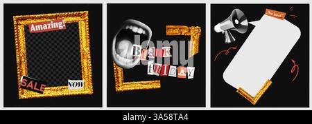 Black Friday Sale Collage Banner mit Schrei, Aufkleber, goldenem Glitzer Fotorahmen und Halbtonelementen. Black Friday Sale Collage Banner mit Schrei Stock Vektor