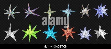 Eine Reihe trendiger, unregelmäßiger Glitzersterne. Einfache handgezeichnete Formen mit Texturen. Elemente der Vektordarstellung. Stock Vektor