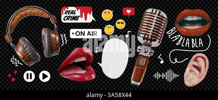 Ein Grunge-Set Collage-Elemente zum Thema eines echten Kriminalpodcasts. Sprechblase, Ohr und Lippen. Trendige Illustration mit Likes auf Transparent Stock Vektor