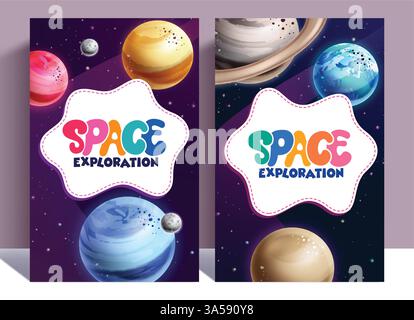 Clipart-Poster-Set zur Raumfahrt des Sonnensystems. Text-Clip-Art der Weltraumforschung im farbenfrohen abstrakten planetarischen Hintergrund für die Flyerkartenvorlage Stock Vektor