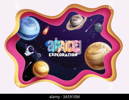 Clipart-Design zur Erforschung des Solarsystems. Textclip-Art für Weltraumforschung in weißem, gelbem und rosafarbenem Papierhintergrund für Reiseabenteuer Stock Vektor