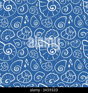 Handgezeichnete Muscheln mit funkelndem blauen, nahtlosem Muster im skizzenhaften Doodle-Stil. Linienart Meeresschalen-Vektor-Hintergrund Stock Vektor