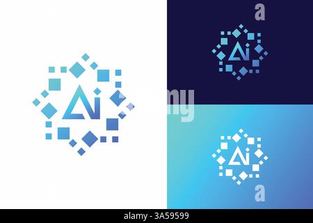 Logo Künstliche Intelligenz mit sauberem Design und geometrischen Elementen, die symmetrisch um die Buchstaben „AI“ angeordnet sind Stock Vektor
