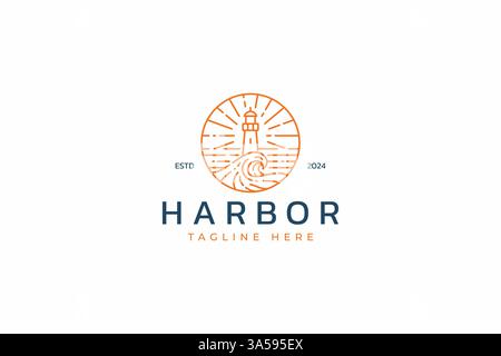 Abstrakte Illustration mit Ocean Wave Nature Logo Linear Badge für HafenLighthouse und Navigationssymbol Stock Vektor