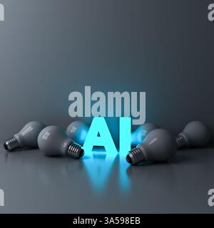 Innovation der KI-Technologie, die unter den dimmeren IDEA-Glühbirnen Geschäftskonzepte mit leerem Raum kreatives 3D-Rendering erstrahlt Stockfoto
