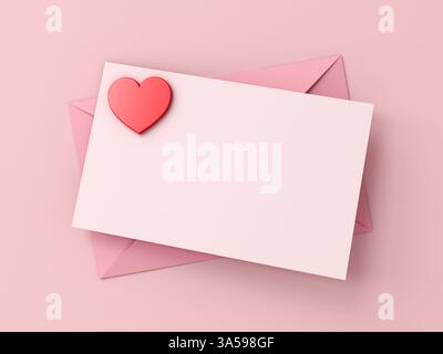 Love Letter kreative Idee Konzepte Leeres hellrosa Papier auf rosa Umschlag und rotes Herzform Briefbeschwerer auf rosa pastellfarbenen Hintergrund mit Schatten Stockfoto