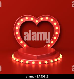Leerer roter Love Heart Podiumsockel mit Retro-gelben Neonlampen oder leerer Valentinskunst-Produktpräsentation auf dunkelrotem Hintergrund mit Re Stockfoto