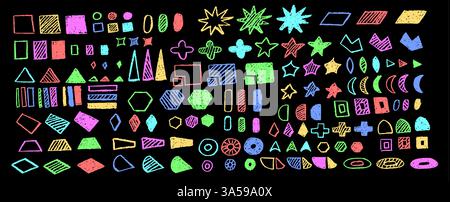 Satz abstrakter geometrischer Grundformen, gezeichnet mit bunten Pastellfarben oder Holzkohle. Handgezeichneter Rahmen für Farbziffer. Leere helle Farbsprache Stock Vektor