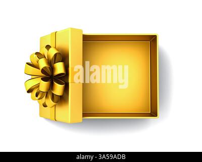 Draufsicht der goldenen Geschenkschachtel, die mit goldener Schleife gebunden ist, oder der leeren goldenen Geschenkschachtel, die auf weißem Hintergrund geöffnet ist, mit minimalem konzeptuellem 3D-Re-Schatten Stockfoto