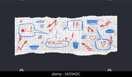 Seite mit roten Farbschwörungssymbolen. Blaue Dialogfelder mit Wachsmalstift auf gezacktem weißem Papier mit quadratischem Raster. Teil eines zerrissenen Notizblocks Stock Vektor