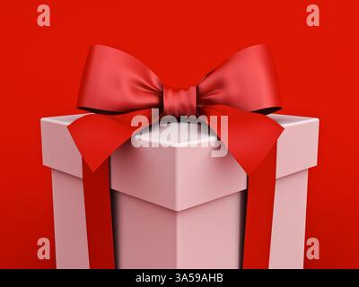 Weiße Geschenkschachtel oder Vorderansicht der weißen Geschenkschachtel, gebunden mit roter Schleife, isoliert auf rotem Hintergrund, minimales konzeptionelles 3D-Rendering Stockfoto