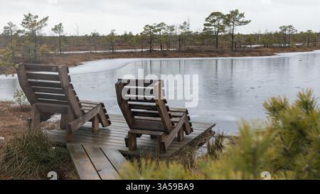 Zwei Holzbänke auf einer Plattform in einem wasserbedeckten Bereich, umgeben von Nadelbäumen. Stockfoto