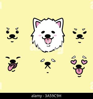 Süßer Samoyed weißer Hündchen mit verschiedenen Gesichtsausdrücken. Handgezeichneter Comic-Vektor Stock Vektor