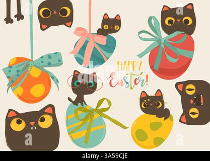 Happy Easter Set mit süßen Katzen und Ostereiern Stock Vektor